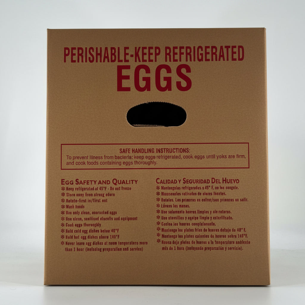 Cardboard egg carton with text on a white background