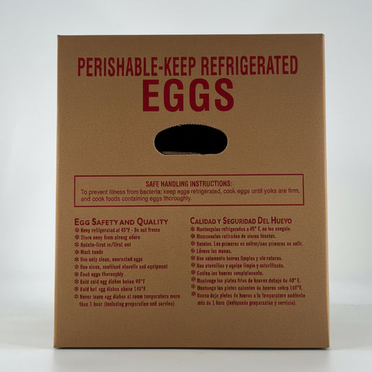 Cardboard egg carton with text on a white background